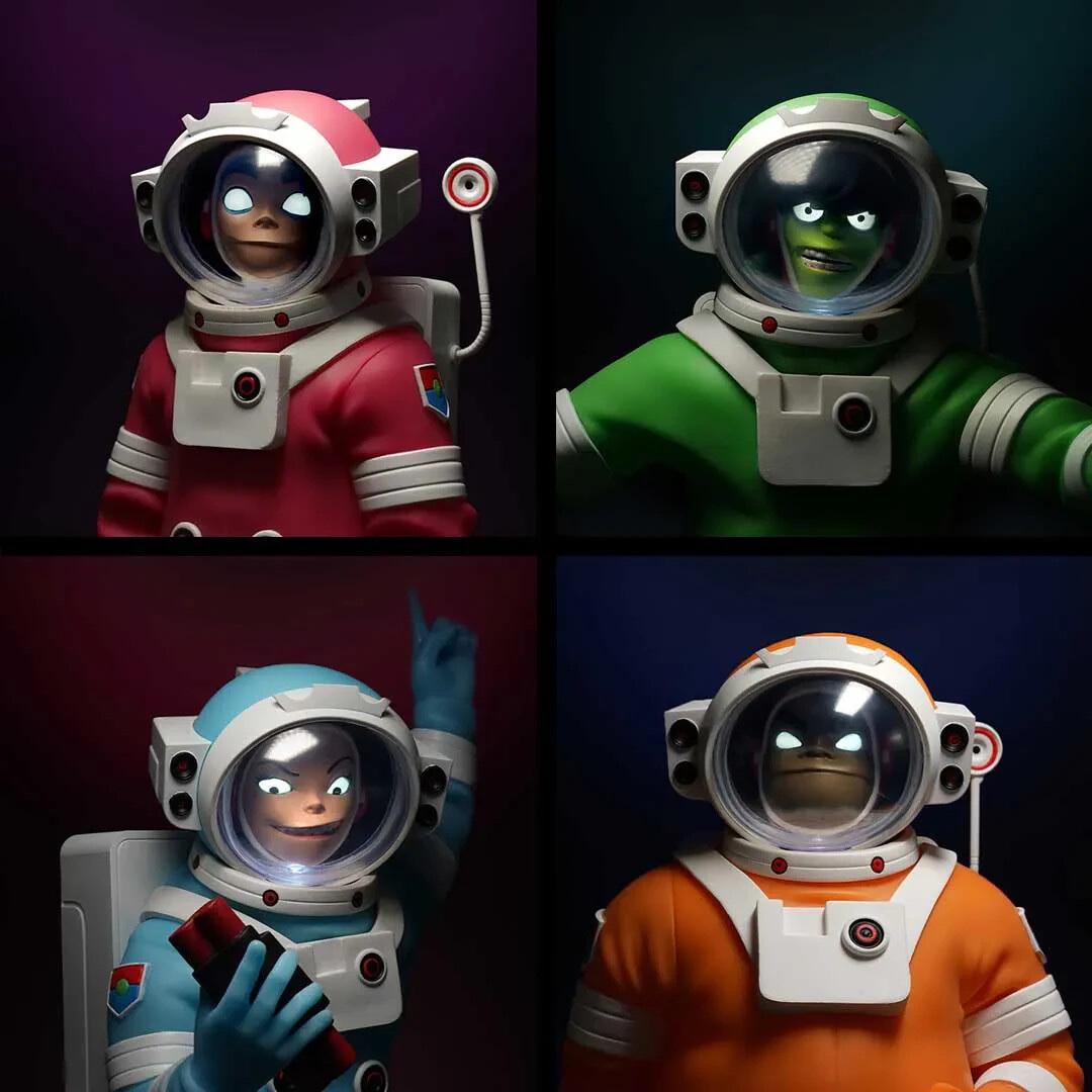 Four Gorillaz characters wearing colorful spacesuits in a complete four-panel composition.
