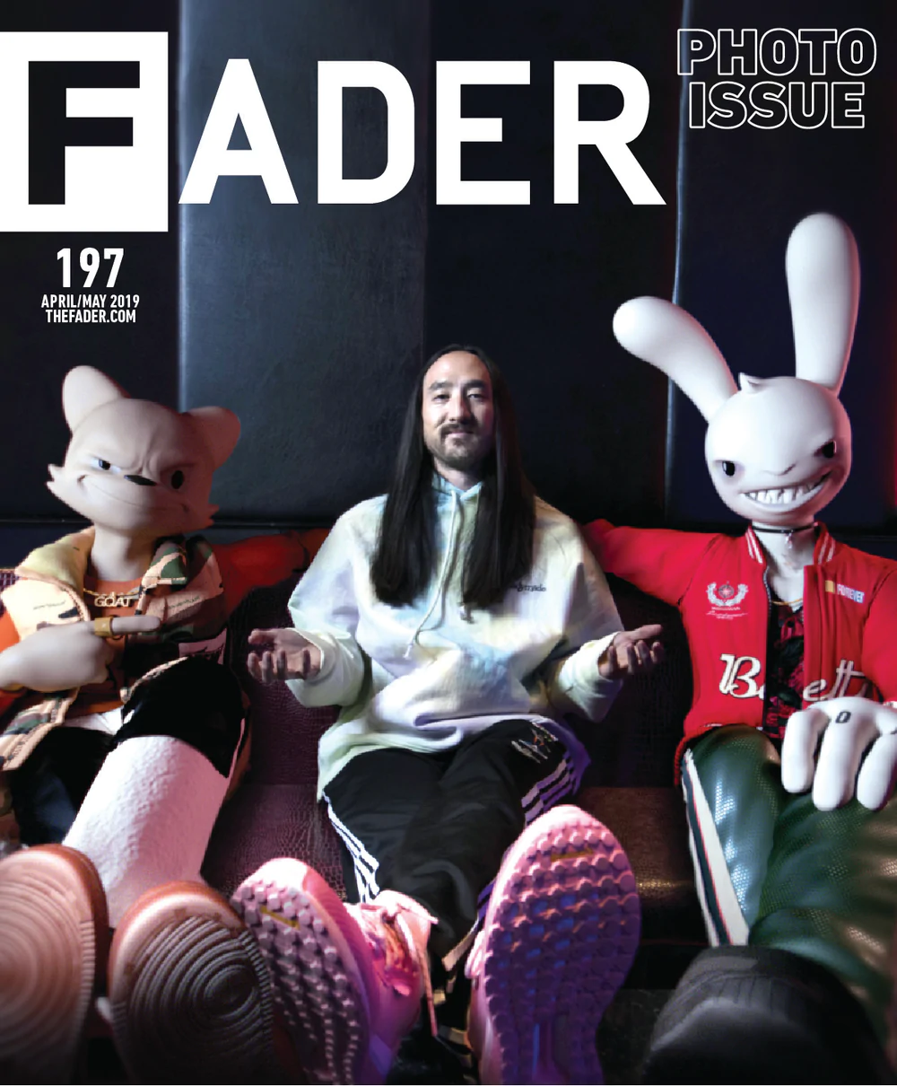 Steve Aoki seated between Janky and Guggimon on the cover of The FADER.